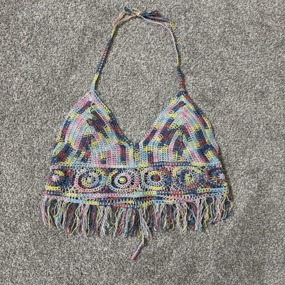 Timing Crochet Halter Top Womens Small/Medium Multicolor Fringe Boho Festival